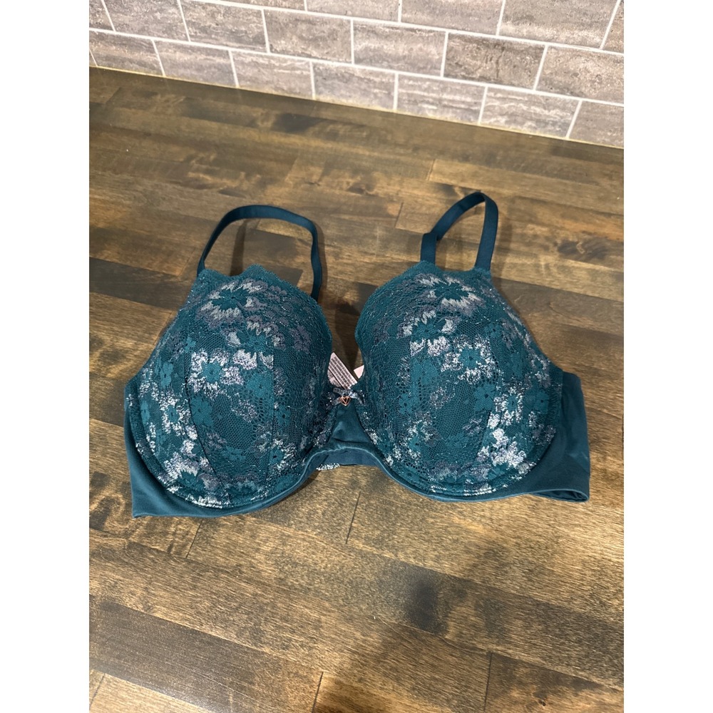 Victorias Secret Body By Victoria Lined Demi Bra Teal Silver Lace 36DD Metallic
